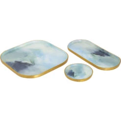 Aura Light Blue Enamel And Brushed Brass Tray, Set Of 3